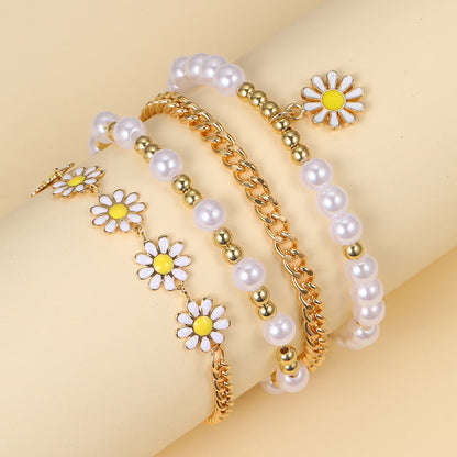 Conjunto de pulseras de margaritas y perlas bohemias para mujer