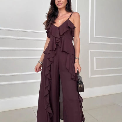 Summer Women Fashion Solid Color Chiffon Ruffled Top and Pants Two-Piece Set
