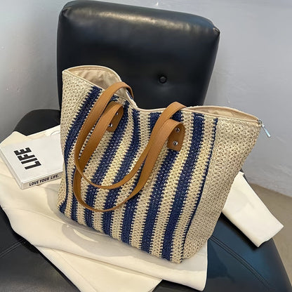 Women Casual Contrast Color Straw Woven Beach Tote Bag
