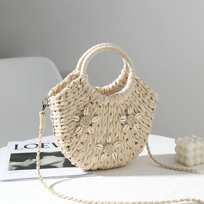 Bolsos de mano bohemios de paja tejida con forma de concha para las fiestas
