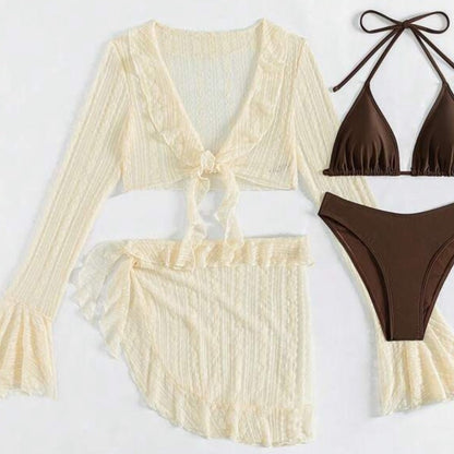 Summer Vacation Women Solid Color Flare Sleeve Top Set