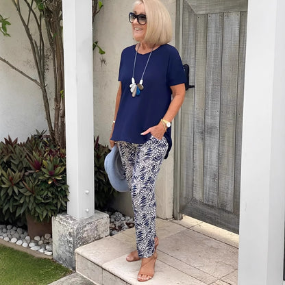 Conjunto de top y pantalón estampado de manga corta informal para mujer