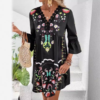 Bohemian Women Casual V-Neck Lace-Patchwork Printed Dress