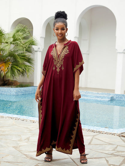 Vestido playero bohemio informal con cuello en V bordado para mujer