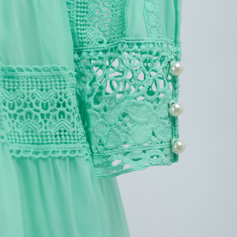Stand Collar Stitching Lace Hollow Button Maxi Dress