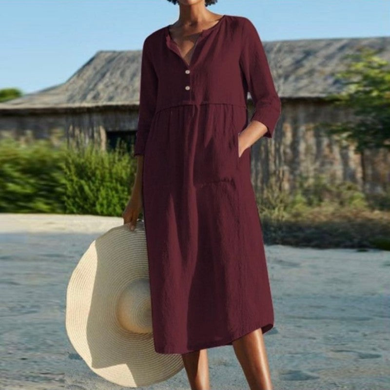 Robe d'été à col rond et poches boutonnées pour femme