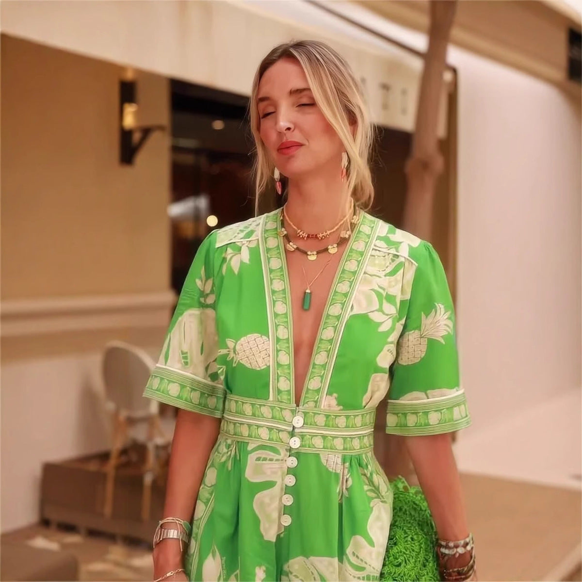 Women Casual Vacation Printed V-Neck Short-Sleeve Jumpsuit