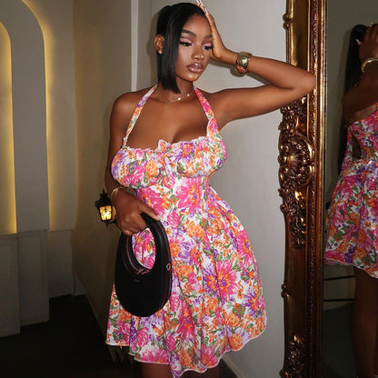 Women Sexy Floral Print Hanging Neck Mini Dress