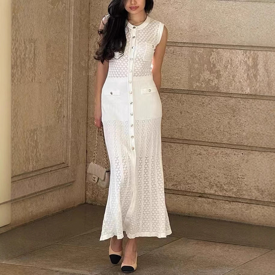 Vestido elegante de punto sin mangas con aberturas para mujer - Midi de poliéster de moda