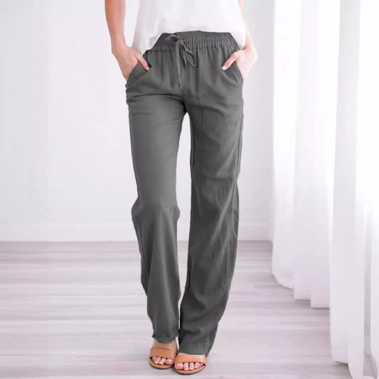 Pantalon décontracté en coton et lin de couleur unie pour femme