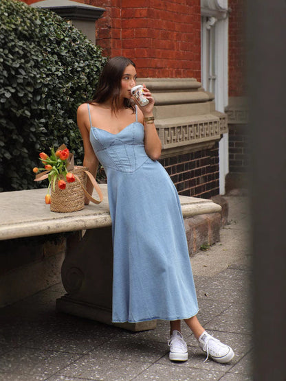 Vestido vaquero holgado con tirantes finos, sin mangas y sexy para mujer