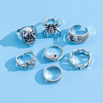 Men'S Fashion Retro Spider Snake Bat Skull Ring Set