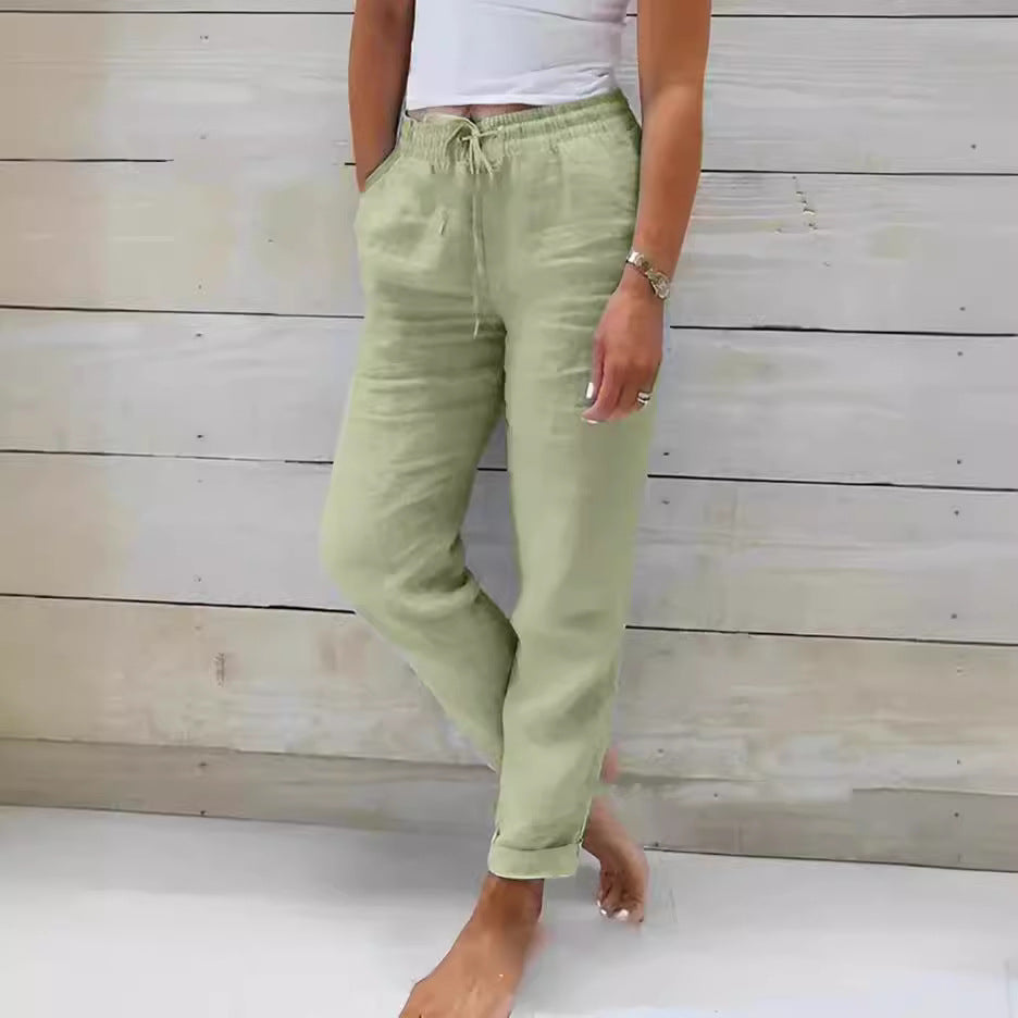 Women Casual Solid Color Cotton And Linen High-Waist Lace-Up Pants