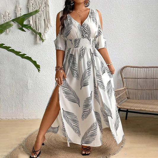 Women Fashion Sexy Plus Size Printed V-Neck Dress