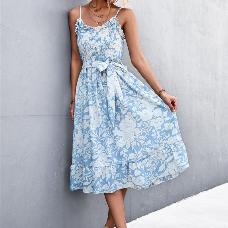 Vestido elegante bohemio sin mangas con volantes florales de verano para mujer