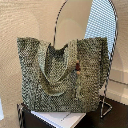 Women Casual Solid Color Straw Woven Beach Tote Bag
