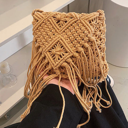 Bolso tejido con borlas estilo bohemio informal para mujer