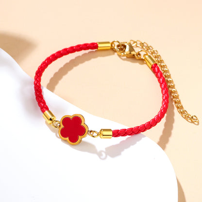 Women Fashion Plated 18k Four-Leaf Clover Red Rope Bracelet