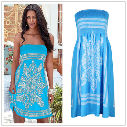 Women Casual Vintage Strapless Summer Loose High Waist Bohemian Beach Dress