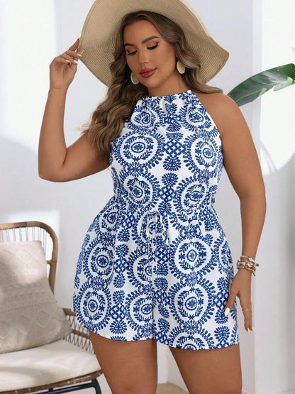 Women Fashion Vacation Plus Size Printed Sleeveless Jumpsuit