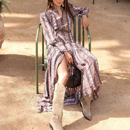 Women Fashion Elegant Boho Printed Long Sleeve Dress