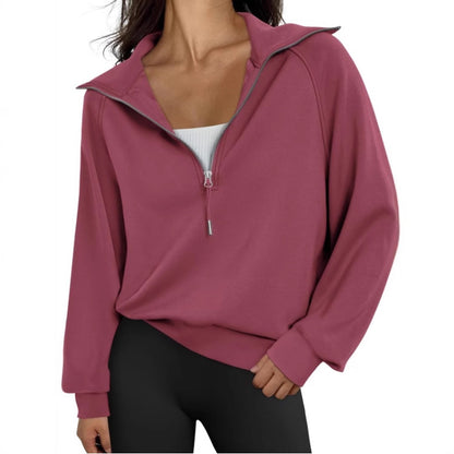 Women Half Zipper Fleece-Lined Solid Color Sweatshirt