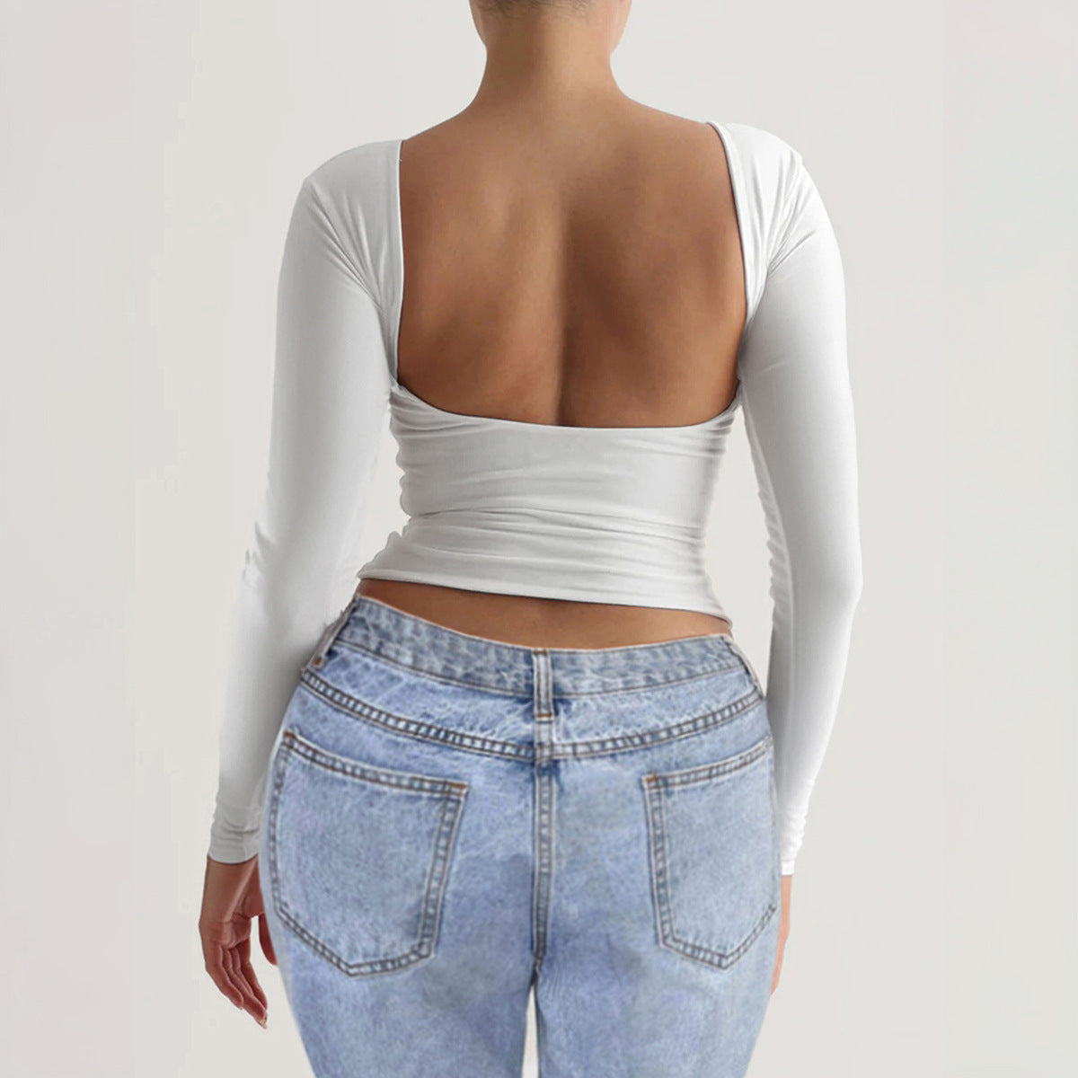 Women Fashion Casual Backless Crewneck Long Sleeve Blank T-Shirt