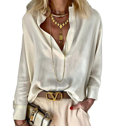 Blusa informal de lino y algodón con cuello alto para mujer
