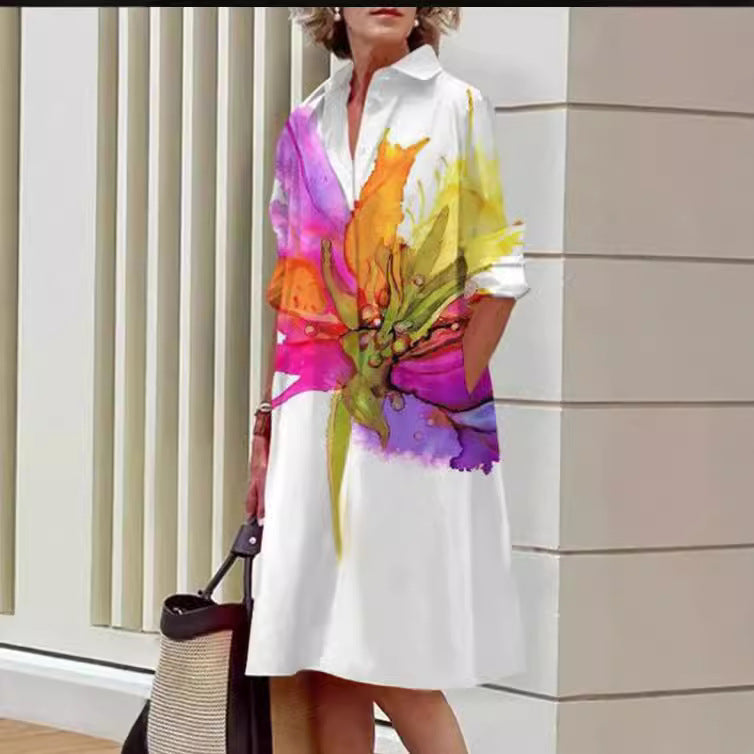 Vestido informal de manga larga con solapa y estampado para mujer
