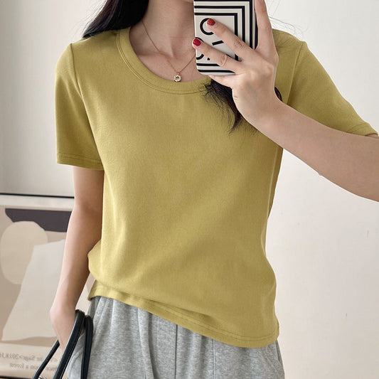 Fashion Basic Women Solid Color Rib-Knit Short Sleeve Blank T-Shirt