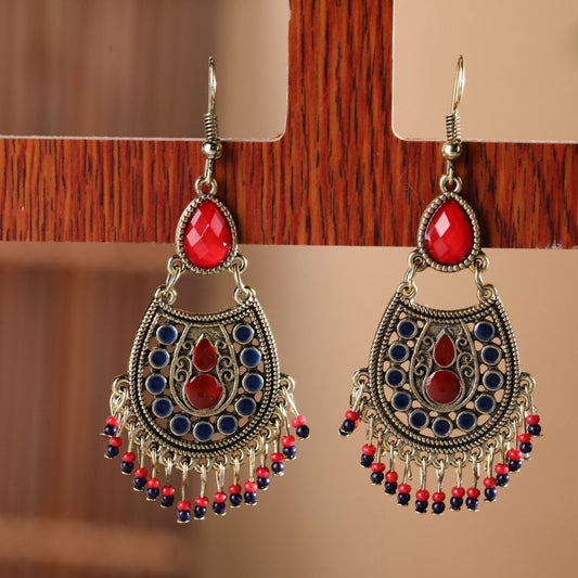 Pendientes de borlas huecas con piedras preciosas y cuentas bohemias para mujer