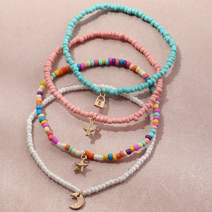 Conjunto de tobillera con cuentas multicolores bohemias y estrella creciente