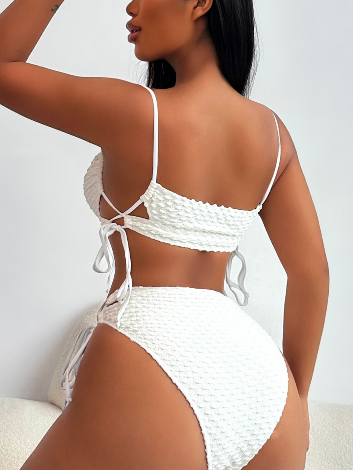 Maillot de bain sexy en dentelle avec cordon de serrage et couleur unie pour femme