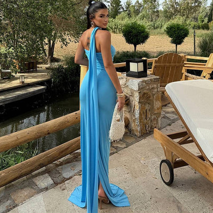 Women Elegant Solid Color Neck Bodycon Maxi Dress