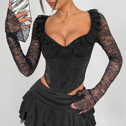 Haut court corset à manches longues et anneau en acier en dentelle florale sexy pour femmes