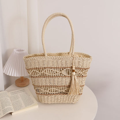 Bohemian Holiday Hollow Straw Woven Tassel Tote Bag