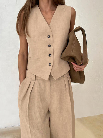 Women Casual Solid Cotton V-Neck Two-Piece Set