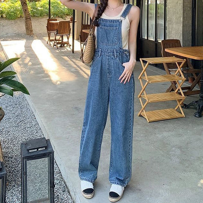 Women Fashion Casual Solid Color Wide Leg Denim Jumpsuits