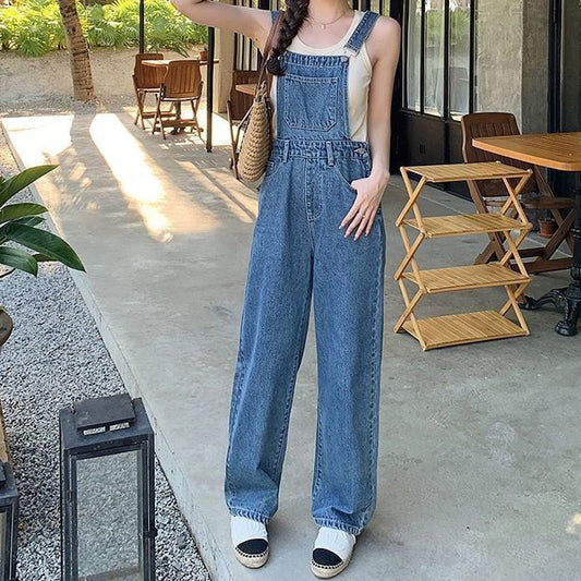 Women Fashion Casual Solid Color Wide Leg Denim Jumpsuits