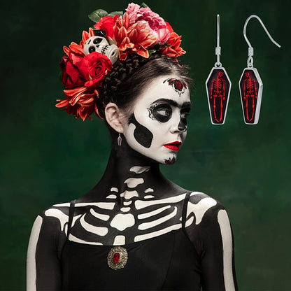 Pendientes de calavera roja con diseño gótico de ataúd para Halloween para mujer