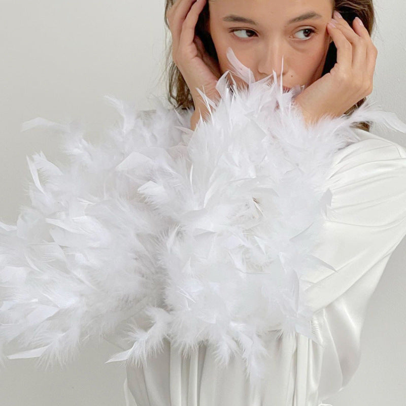 Women Fashion Loose Long Sleeve Feather Satin Pajamas Set