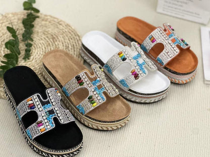 Pantuflas informales tejidas con diamantes de imitación a la moda para mujer
