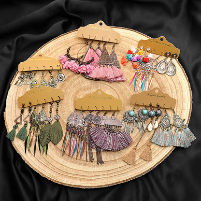 Conjunto de pendientes con borlas creativas retro de estilo étnico bohemio