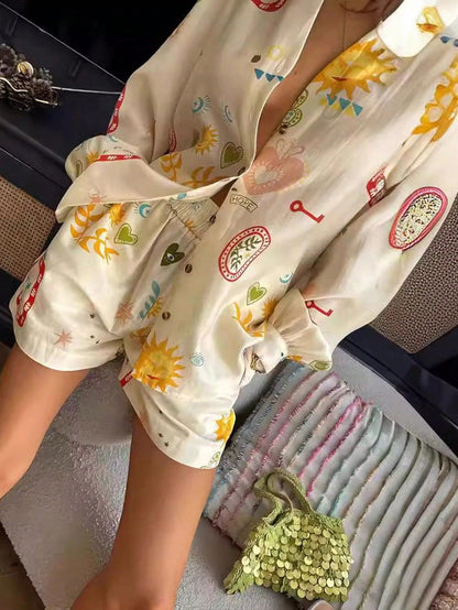 Women Summer Vacation Printed Shirt Shorts Set