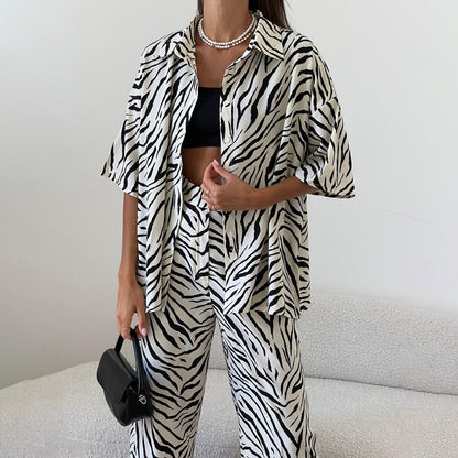 Women Casual Satin Stripe Blouse and High Waist Pants Set