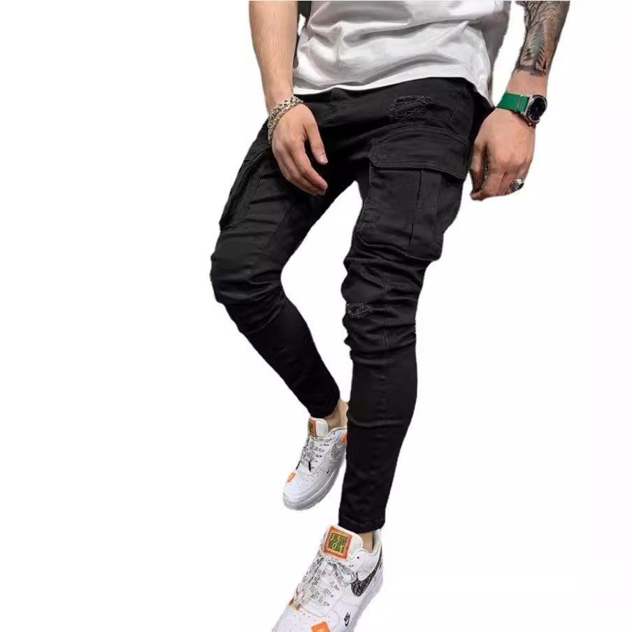Men Casual Solid Color Stretch Denim Jeans with Multi-Pockets