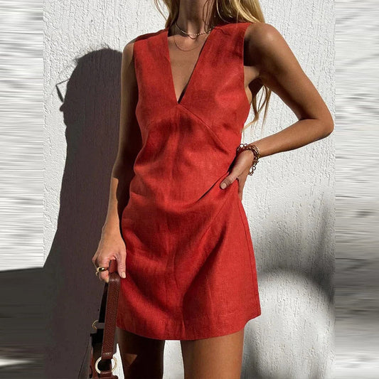 Summer Women Casual Solid Color V-Neck Dress