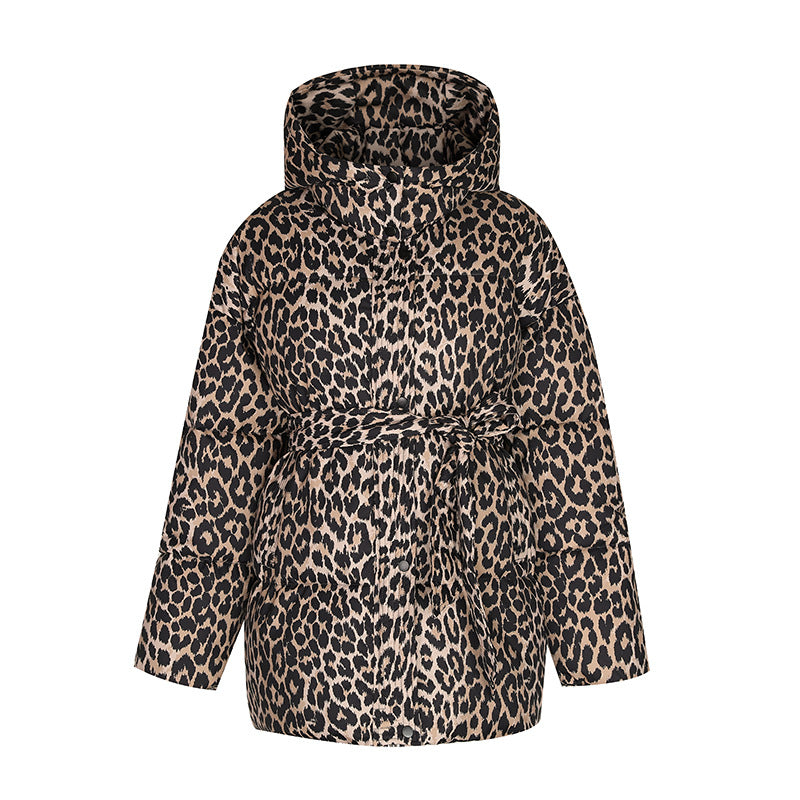 Abrigo de invierno de longitud media para mujer, acolchado de algodón, con cordones y estampado de leopardo.