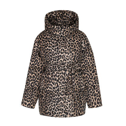 Abrigo de invierno de longitud media para mujer, acolchado de algodón, con cordones y estampado de leopardo.