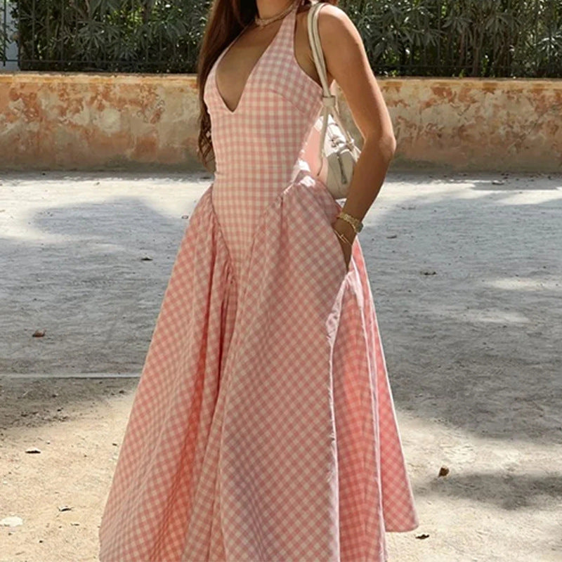 Robe élégante à col en V et imprimé quadrillé pour femme en polyester